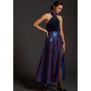 Anthropologie Maeve Pleated Shimmer Maxi Full Skirt Blue & Burgundy NEW petite